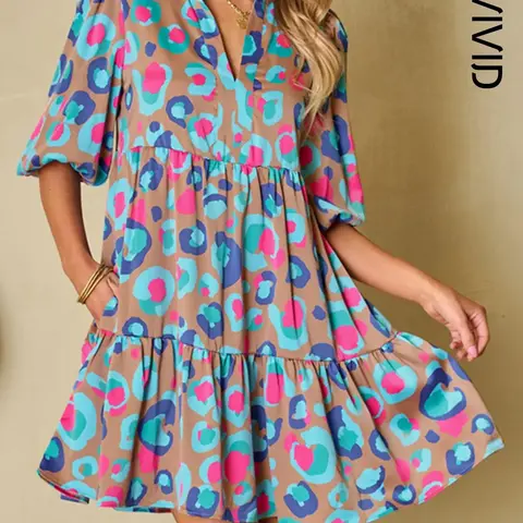 Women's All Over Print Leopard Frill Trim Ruffle Hem Pockets Smock Dress, Elegant Lantern Sleeve Notched Neck Dress for Spring & Fall, Women's Clothing for Daily Wear, Dress with Pockets