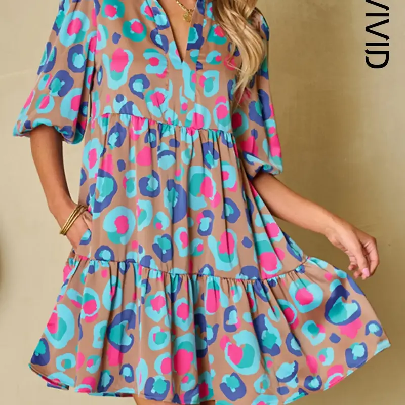Women's All Over Print Leopard Frill Trim Ruffle Hem Pockets Smock Dress, Elegant Lantern Sleeve Notched Neck Dress for Spring & Fall, Women's Clothing for Daily Wear, Dress with Pockets