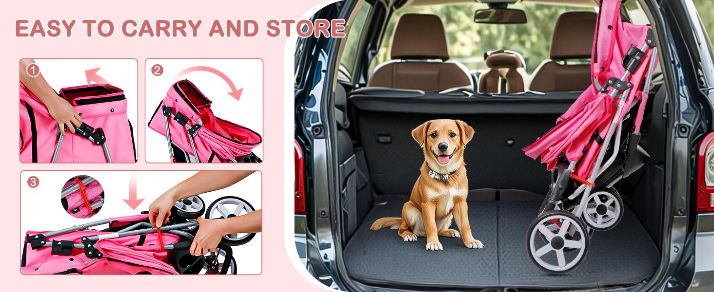 AGS Foldable Pet Stroller for Cats and Dogs 3 Wheels Carrier Strolling Cart with Weather Cover, Storage Basket + Cup Holder (Pink)