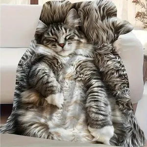 a Fluffy Norwegian Forest Cat Napping on Its Back, Ultra Soft Comfortable Blanket for Couch, Outdoor Use - Washable in Machine