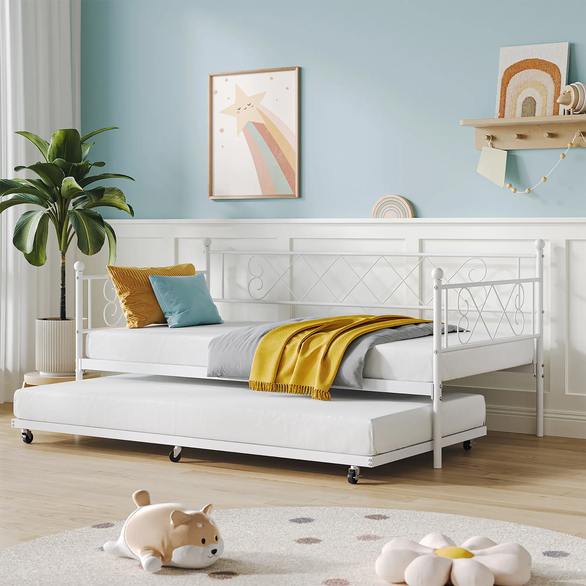 Daybed with Trundle, Twin Metal Sofa Bed with Premium Steel Slat Support, Space Saving, Ideal for Living Room and Guest Room