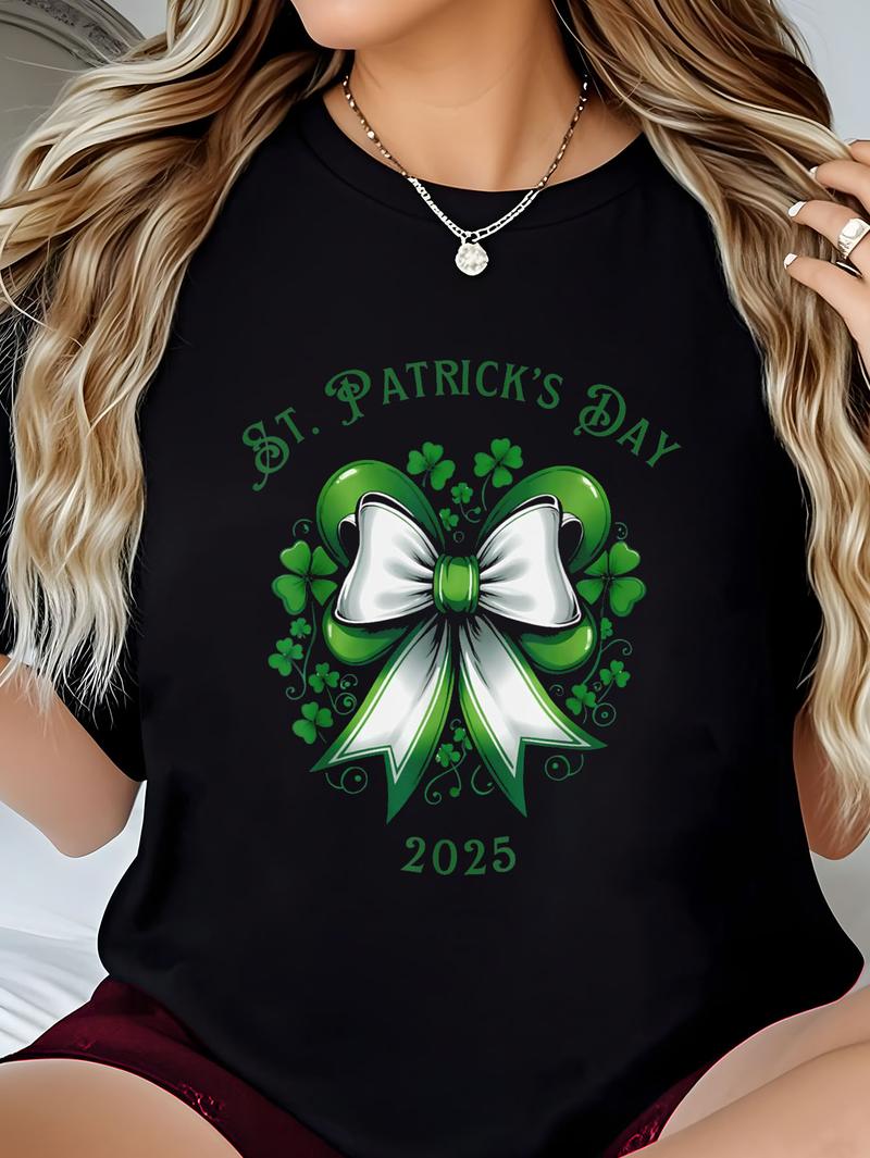 100% Cotton Tshirt Breathable Knitted Medium Short StreetwearCoquette Clover Bow St. Patrick's Day, Irish Shamrock Tees T-Shirt graphic tees women crop tops summer outfits for women summer tops T-Shirt