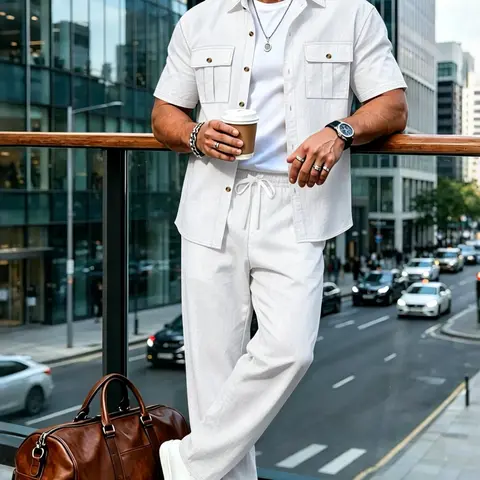 Men's High-Quality Breathable Casual Set, Short Sleeve Work Shirt and Elastic Waist Long Pants, Summer Lightweight Outfit