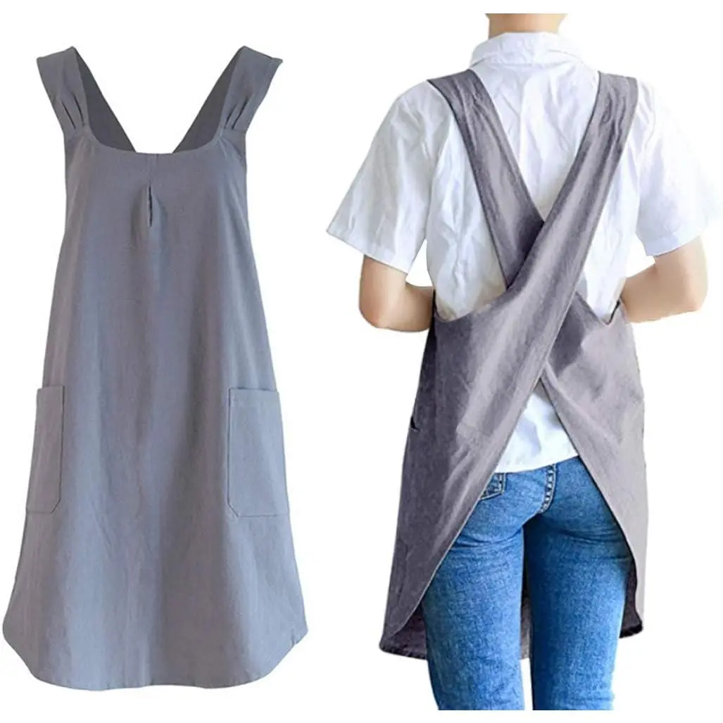 Soft Cotton Apron Back X-Japanese Style Pinafore Dress for Cooking, Housewarming, Daily Chores