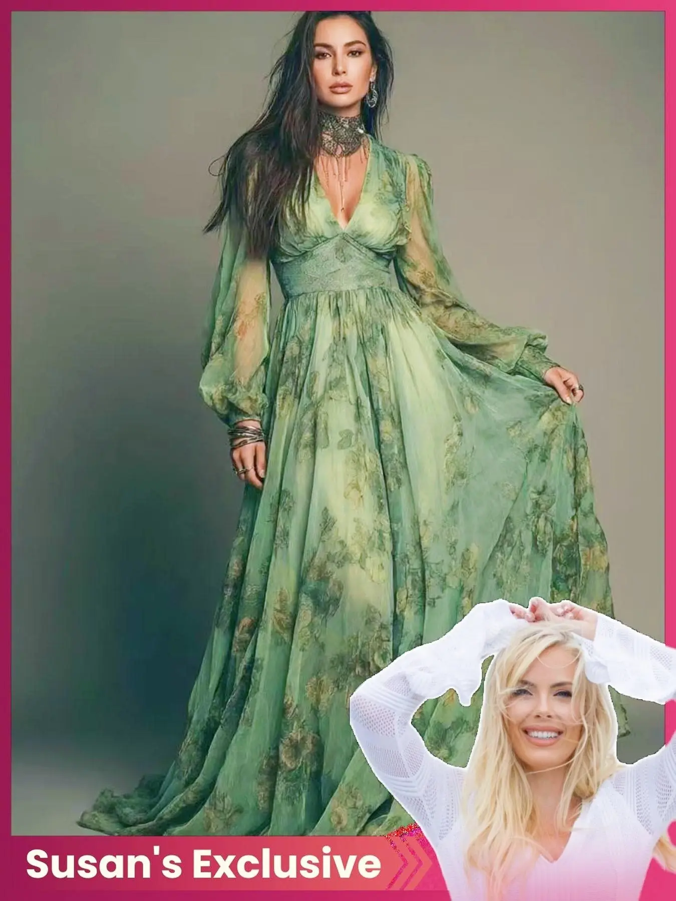 Women's Fashion Long Sleeve Lightweight Chiffon Maxi Dress, Print Back Zip V Neck Waist Cinch, Comfortable Soft Fabric, Party Wedding Gown, Dresses For Wedding