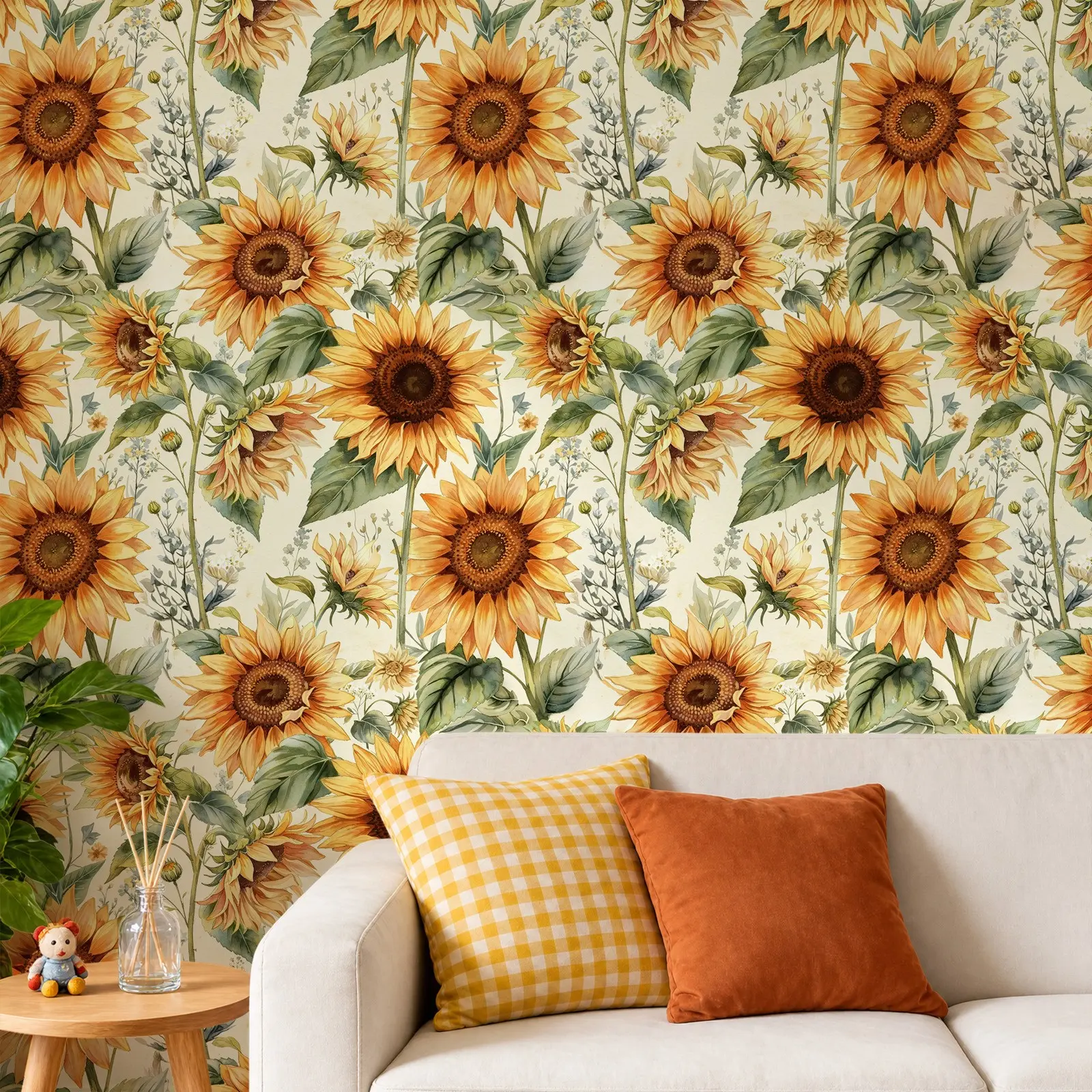 Sunflower Pattern Self-Adhesive Wallpaper, Bohemian Floral Design, Vintage Vinyl, Removable Fall Decor, Living Room & Bedroom