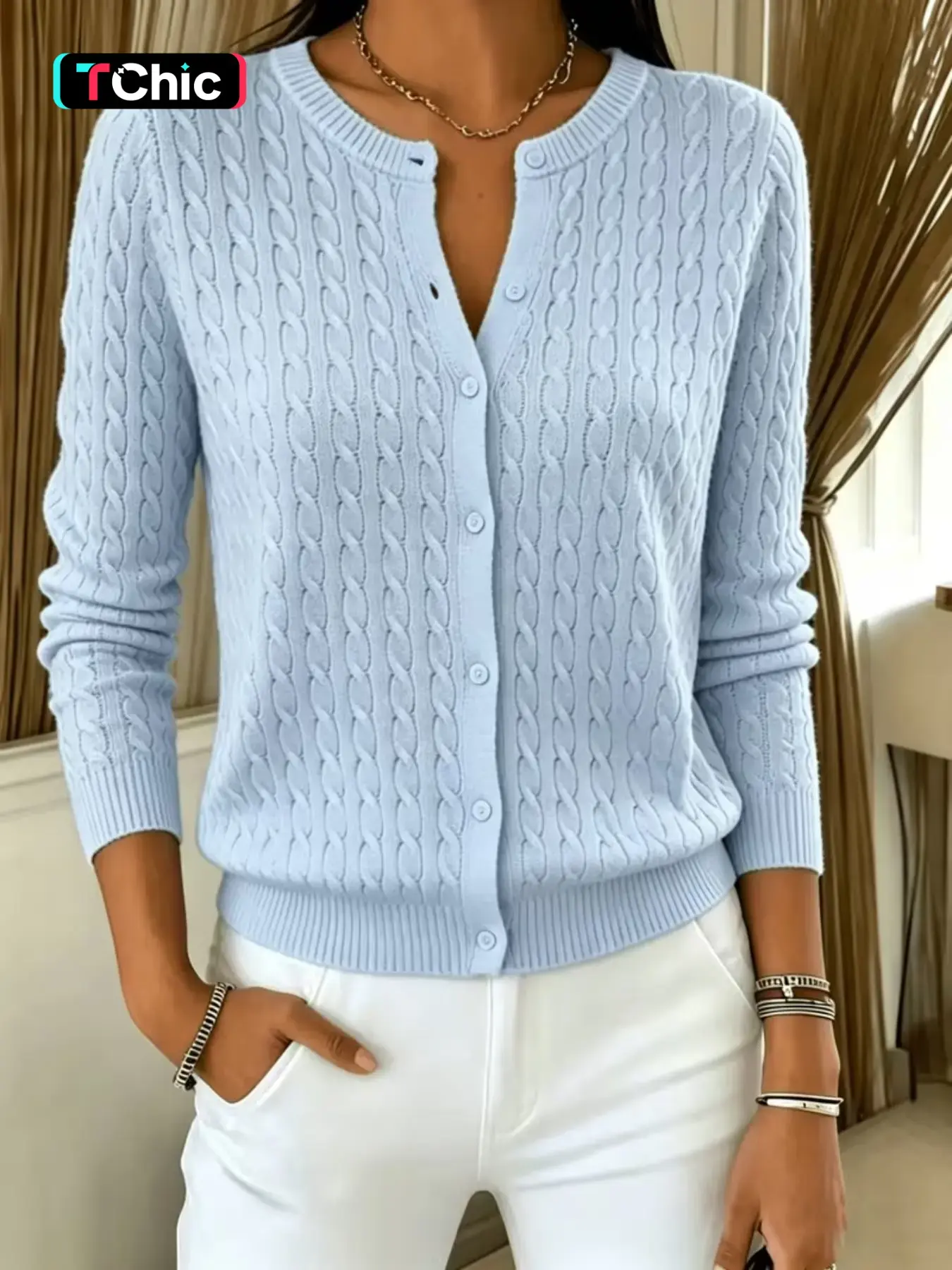 Women's Simple Round Neck Knitted Cardigan, Front Button Design, Slim Fit Elegant Fall Winter Sweater Coat, Suitable for Daily Commute, Autumn Outing, Picnic