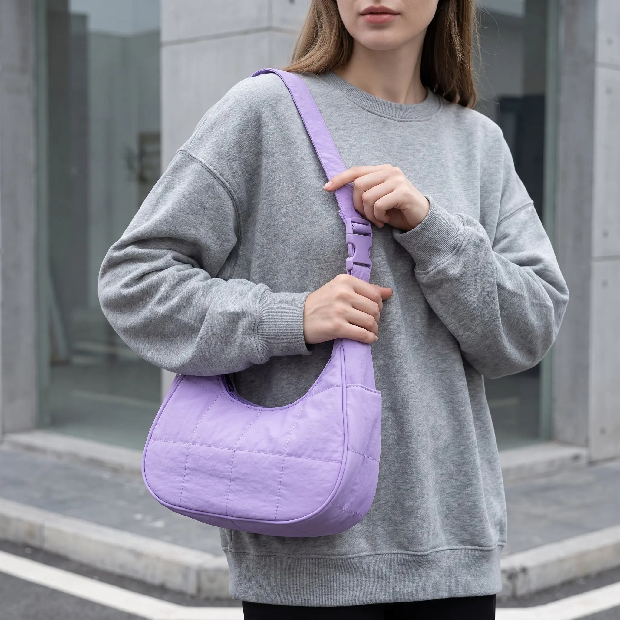Cozy Nylon Quilted Shoulder Bag For Daily Outfit Adjustable Strap Puffy Underarm Bag Large Capacity Soft Down Handbag With Zipper Pocket Street Trendy Medium Size
