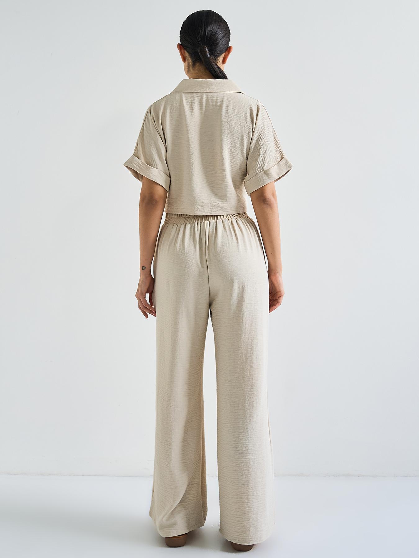 Women's Casual Loose-Fit Crop Top Set, Summer Woven Fabric, Moderate Thickness, Comfortable Fit, Perfect for Daily Wear, Casual Outfits Women