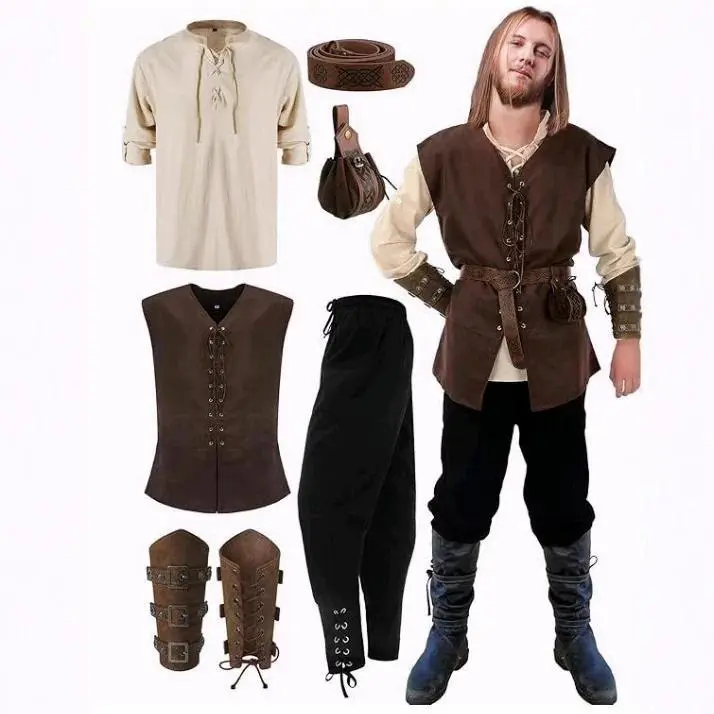 Men's 6-Piece Medieval Renaissance Viking Cosplay Costume Set - Historical/Period Medieval Look Clothing with Vest, Shirt, Ankle-Banded Pants, Belt, Armband, Pouch for Halloween, Carnival (Festive Party Supplies), Clothes