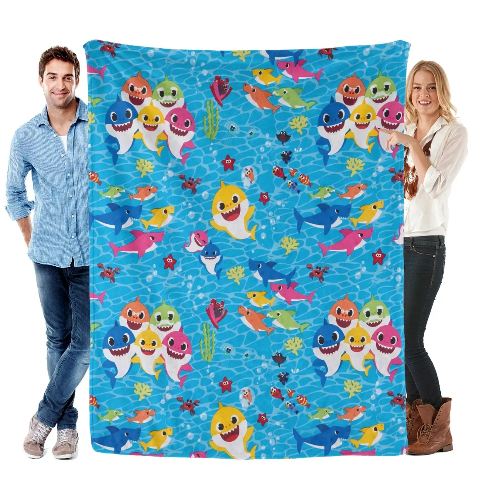 Baby Shark Cartoon Flannel Throw Blanket, Soft Cozy Lightweight Portable Plush Cover for Sofa Bed, Matches cooling blankets pillows couch cover for sofa bedding set comforter set, Multi Size Warm Birthday Christmas Gift For Kids Cartoon Fans