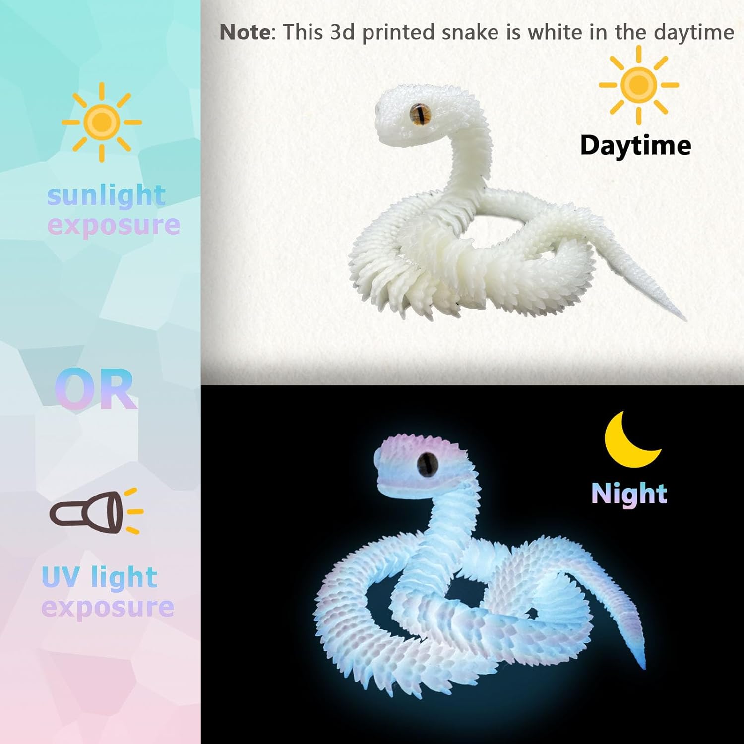 We recommend a cute 60CM long articulated and realistic eye, [PLA high-quality 3D printed] Viper model with gradient crystal glow-in-the-dark rainbow color. This flexible 3D printed animal is a creative and interesting holiday gift for friends and also a