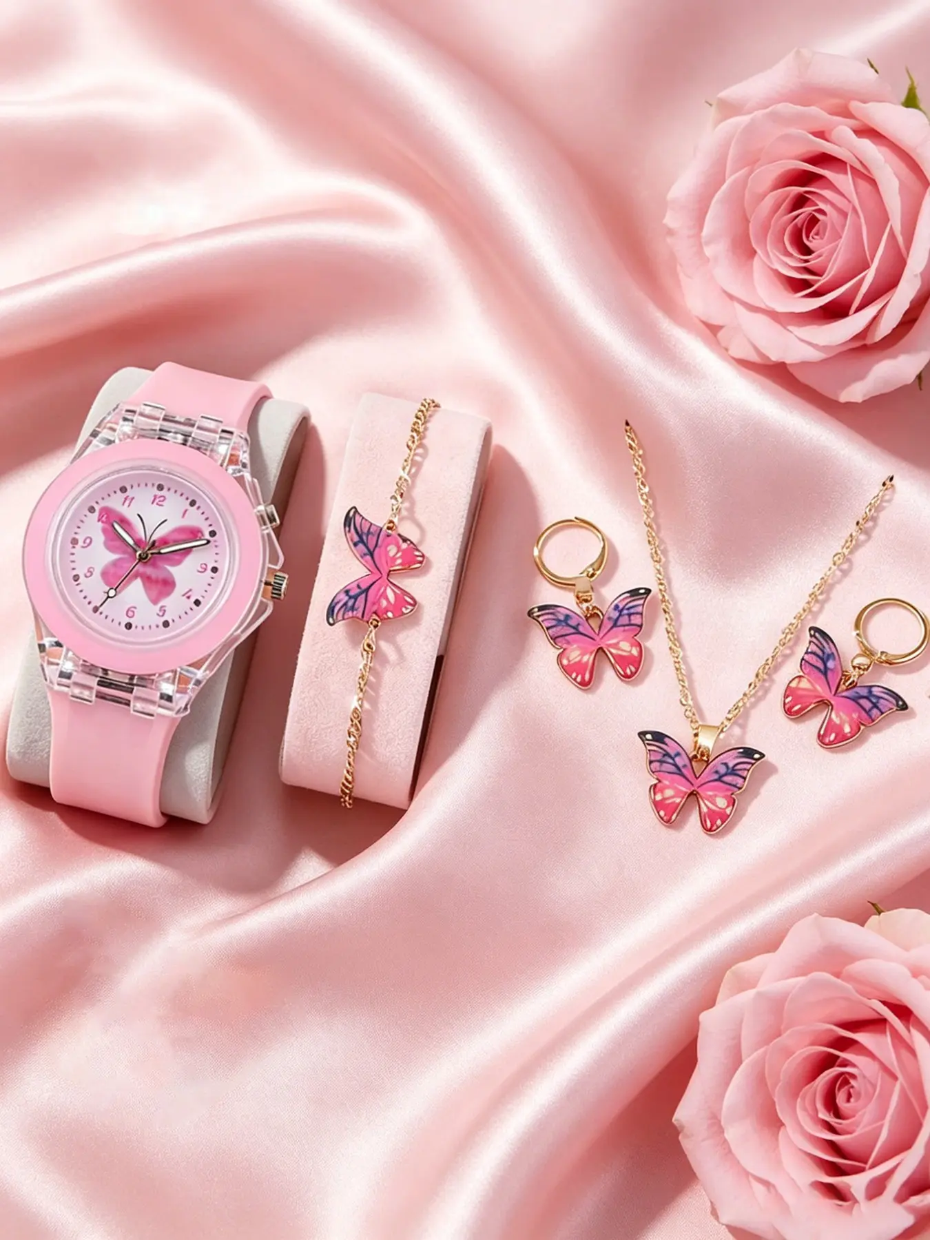 Mother's Day Gift Cute Girly Silicone Butterfly Glowing Quartz Wrist Watch Set, Butterfly Bracelet Necklace Earrings Jewelry, Best Birthday Gift for Kids