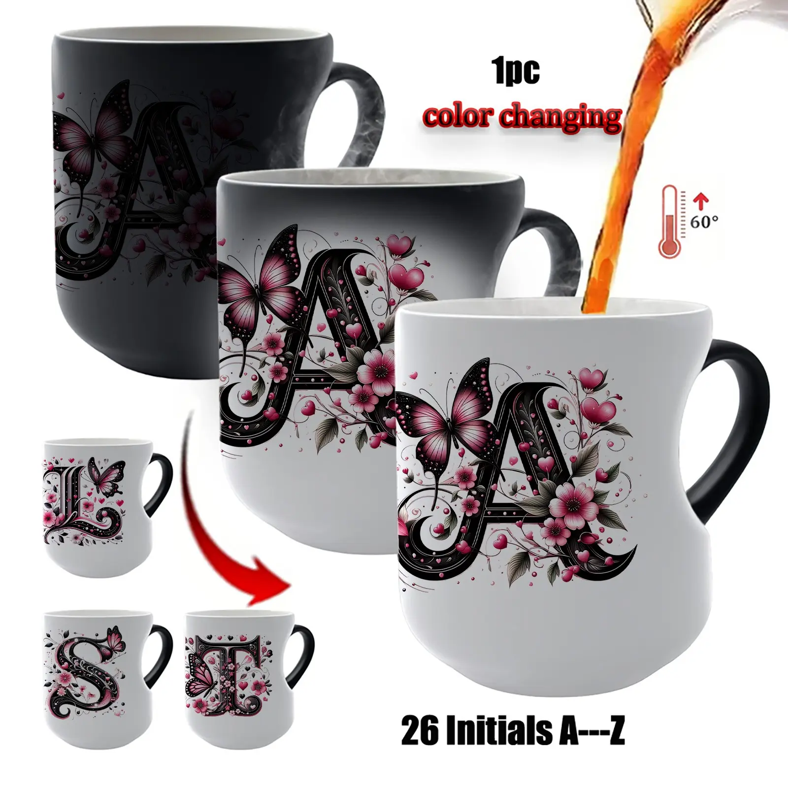 mug with the initials of a butterfly Heat Sensitive Magic Mug Color Changing Heart Design Ceramic Cup Coffee Cups Personalized Gift for Thanksgiving Day Christmas and Hand Wash Only Romantic Drinkware Anniversary Present