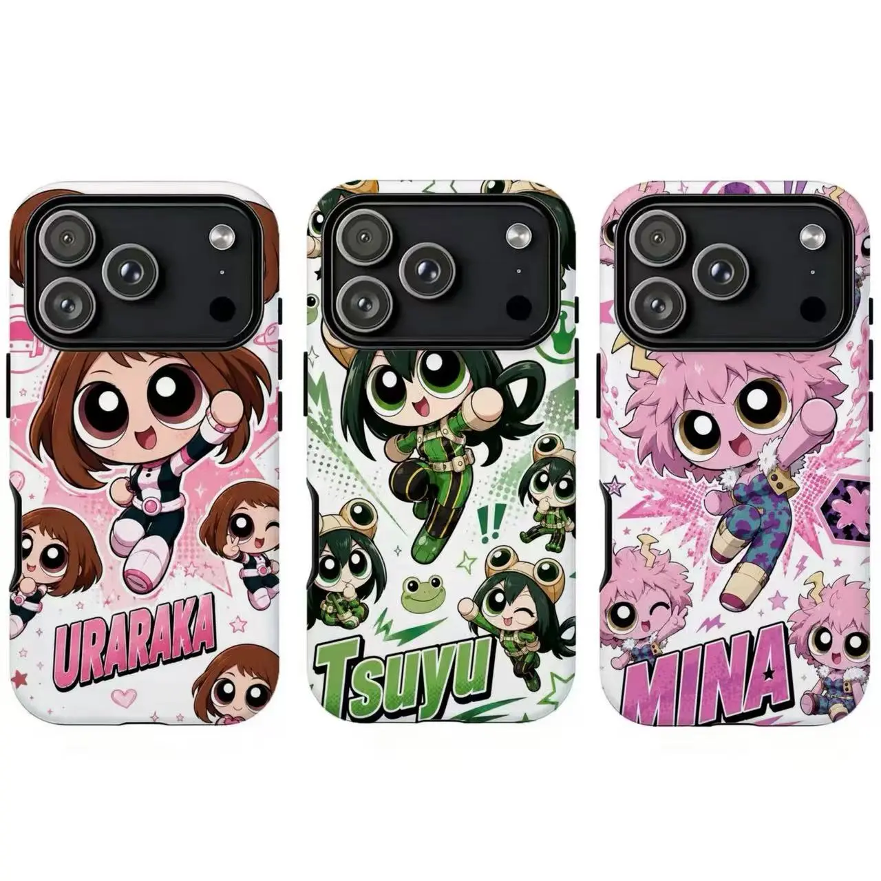 FL-Chibi Kawaii MHA Phone Case,Pow3rpuff Style Uraraka Tsuyu Mina Cute Anime Comic Cover For iPhone 17 Pro Max 16 15 14 13 12 11 8 7 Plus for Samsung S26 Ultra S25 24 23 22 21 Case-Perfect Holiday Gift for her/him/fans