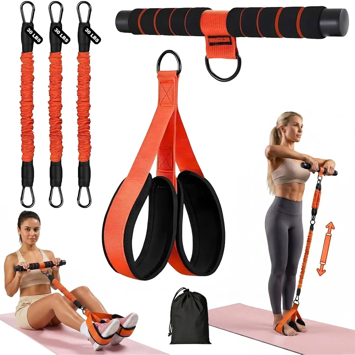 Step Resistance Bands with Handles, 3 Tubes 30/40/50LBS Adjustable Latex Bands for Abdominal, Waist, Arms, Core/Abs, Legs, Glute Muscles Workout - Sit-up Exercise Equipment for Women