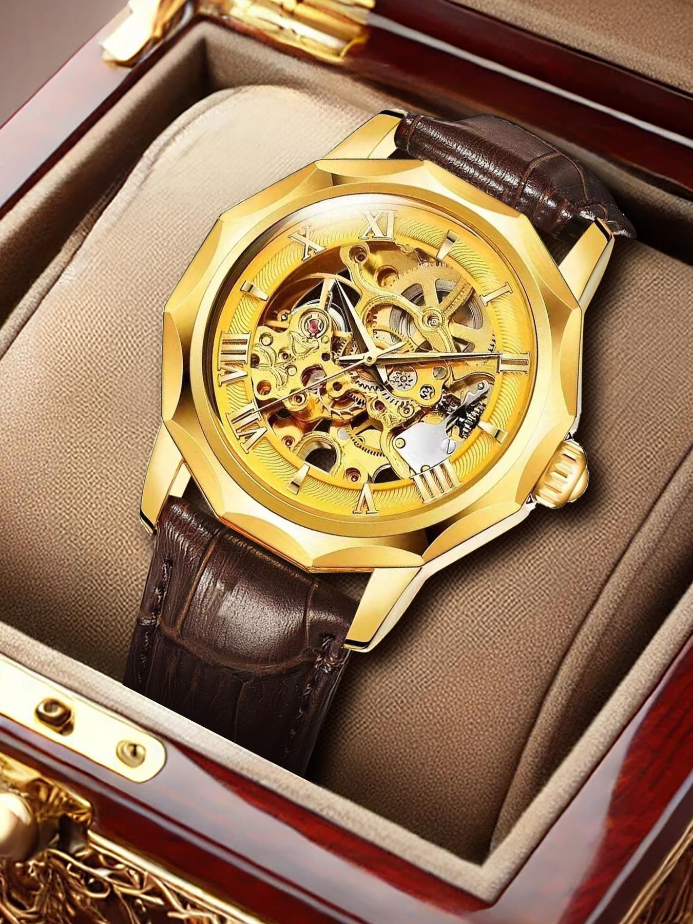 Men's Business Fashion Round Dial Stainless Steel Strap Analog Mechanical Watch, Mechanical Style Watches, Skeleton Wrist Watch for Party, Daily Clothing Decor, for Birthday Gift with Box, Skeleton Watches