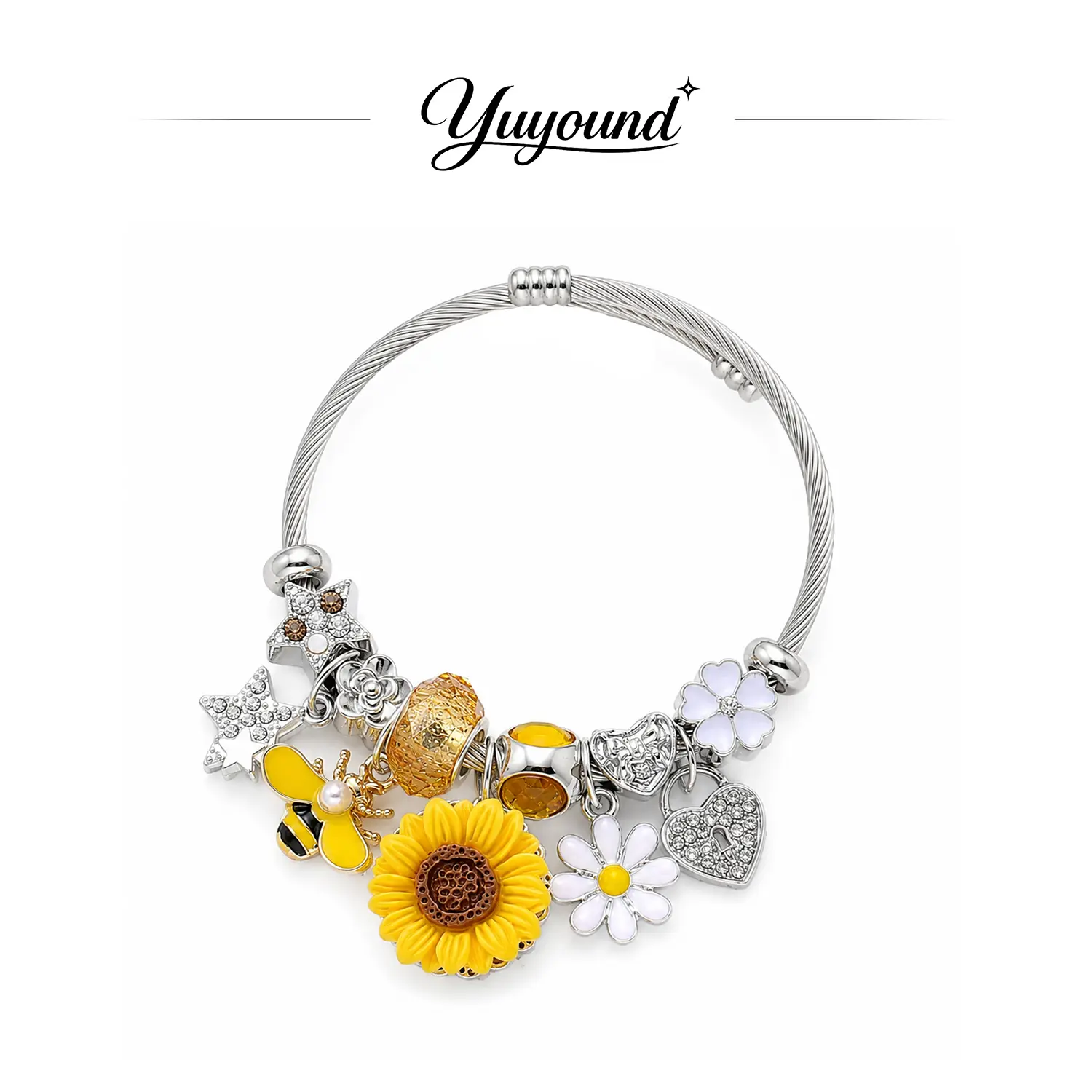 Flower Charm Bracelet for Women, Sunflower Daisy Butterfly Pendant Bracelet, Cute Floral Boho Jewelry, Vintage Fashion Gift