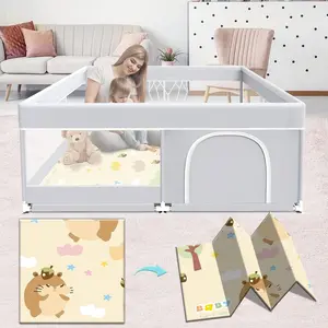 Baby Playpen with Mat, Baby Playard  Toddlers, Sturdy Safety Play Yard with Soft Breathable Mesh, Anti-Fall, 50 * 50 * 27 inches Grey