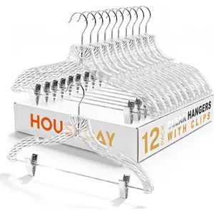 Clear Plastic Pants Hangers 12 Pack, Set Hanger for Tops and Bottoms, Non Slip Skirt Hangers with Adjustable Clips, Shoulder Notches, 360° Swivel Hook