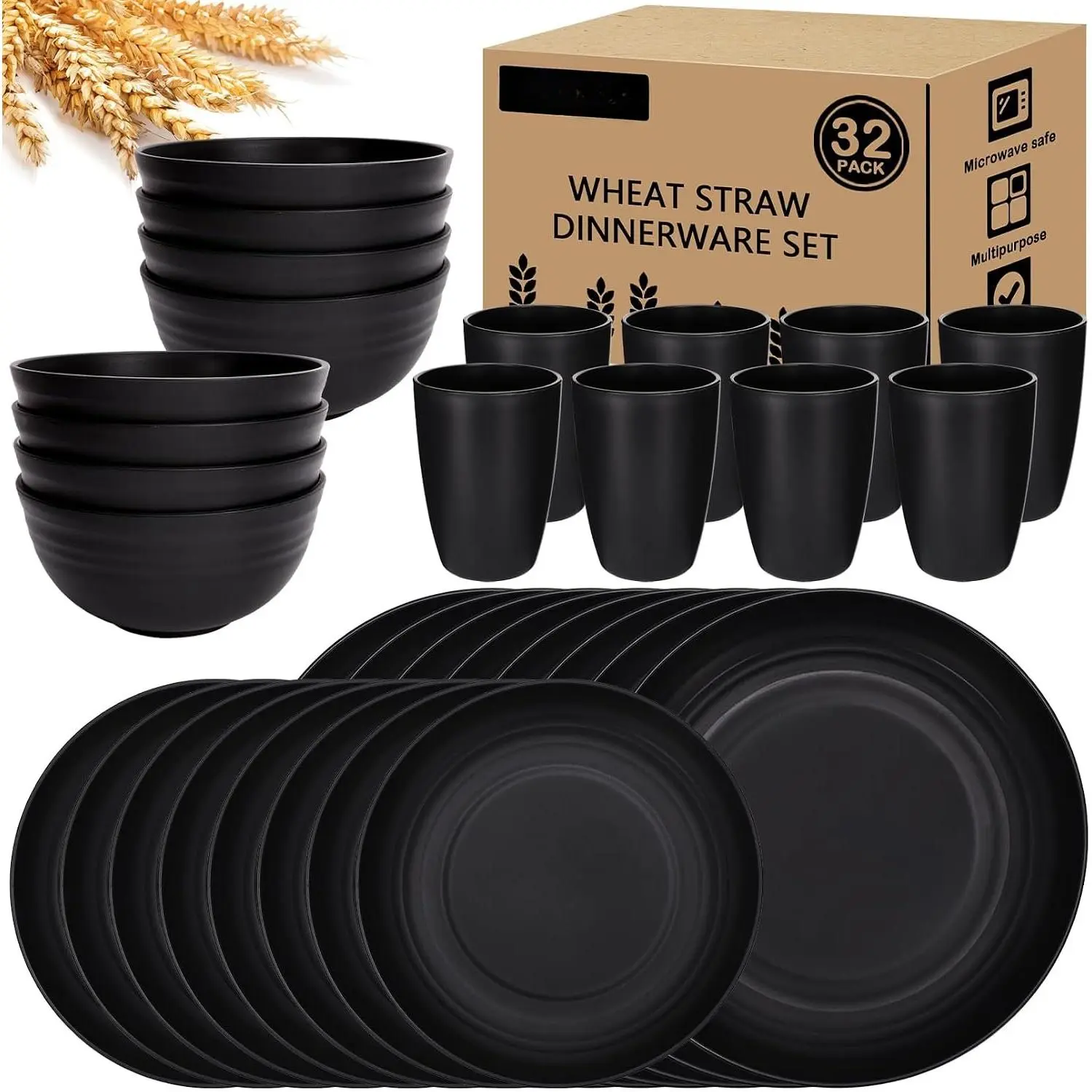32 count Wheat Straw Dinnerware Sets, Plastic Plates and Bowls Sets | Black Dinnerware Set,  Lightweight Dish Set for Kitchen Camping Party, Dishwasher Microwave Safe