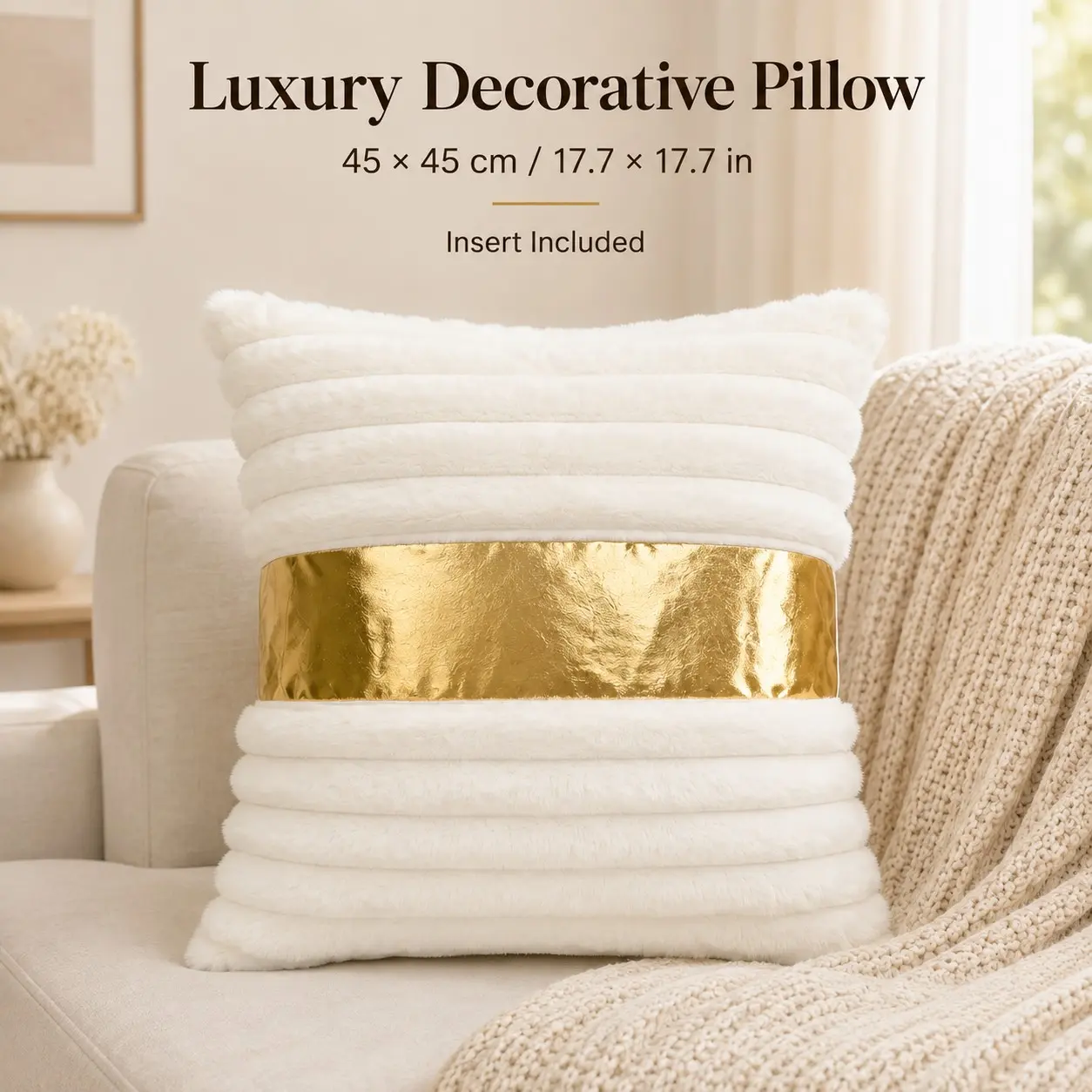 Plush Pillow, 45x45cm Luxury Square Cushion with Insert, Living Room Sofa Bedroom Home Decor, Casual Style, All Seasons