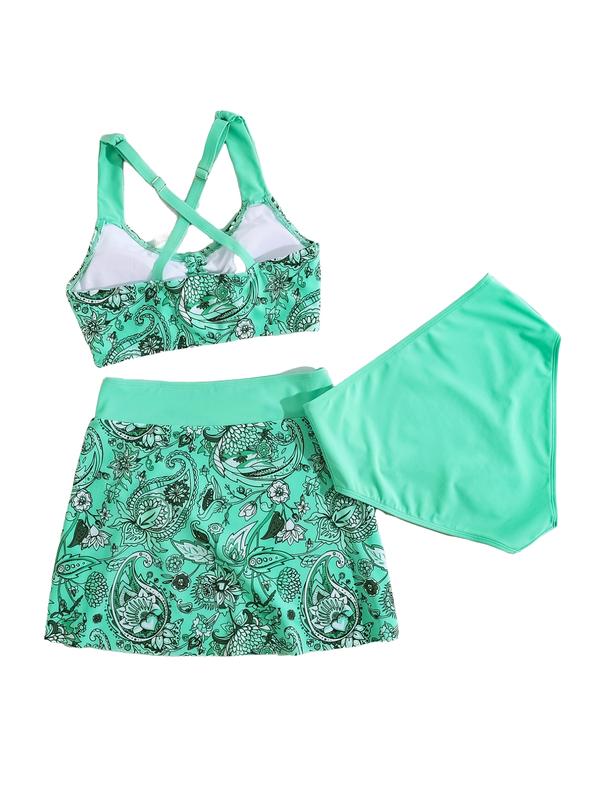 Women's Floral Print Swimsuit Set, Drawstring Swimsuits, Twist Front Bikini, Boho Tie Side Bikini Top & Bottom & Cover Up Skirt Set, Beach Vacation Swimwear Set for Women, Floral Print Bikinis