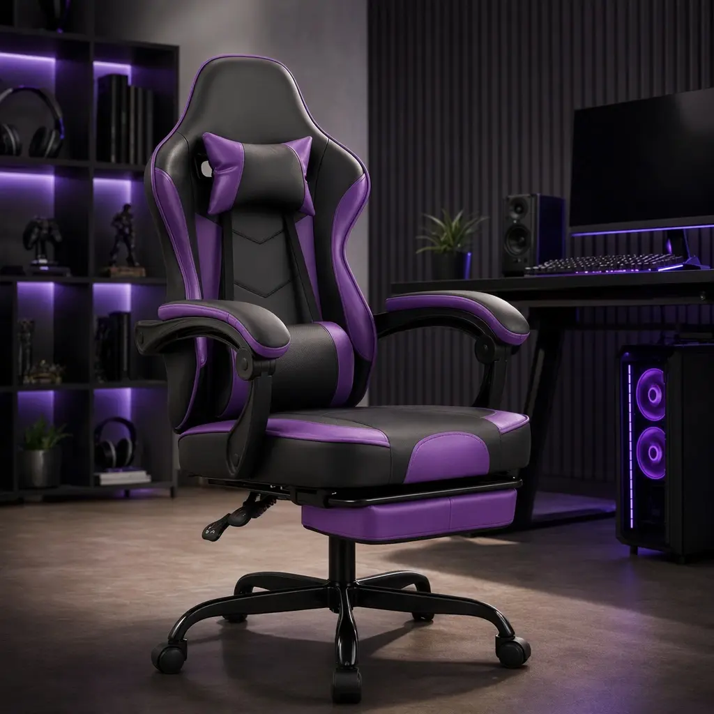 Ergonomic Recliner Gaming Chair for Adults - Black Purple, Quick Set-Up (Assembly Required), Linkage Armrests, Massage Lumbar Support, Footrest, Adjustable Height, 360-Degree Swivel, 300lbs Load, Sturdy Steel Frame, with Wheel, Office & Gaming Use, Reclin