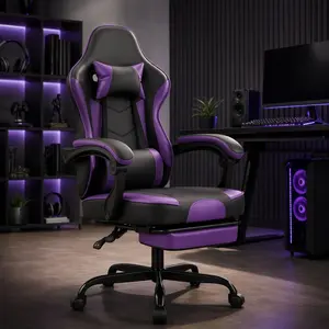 Ergonomic Recliner Game Chair for Adults - Black Purple, Easy Setup, Linkage Arms, Massage Lumbar Support, Footrest, Height Adjustability, 360-Degree Swivel, 300lb Max Weight Capacity, Office Use