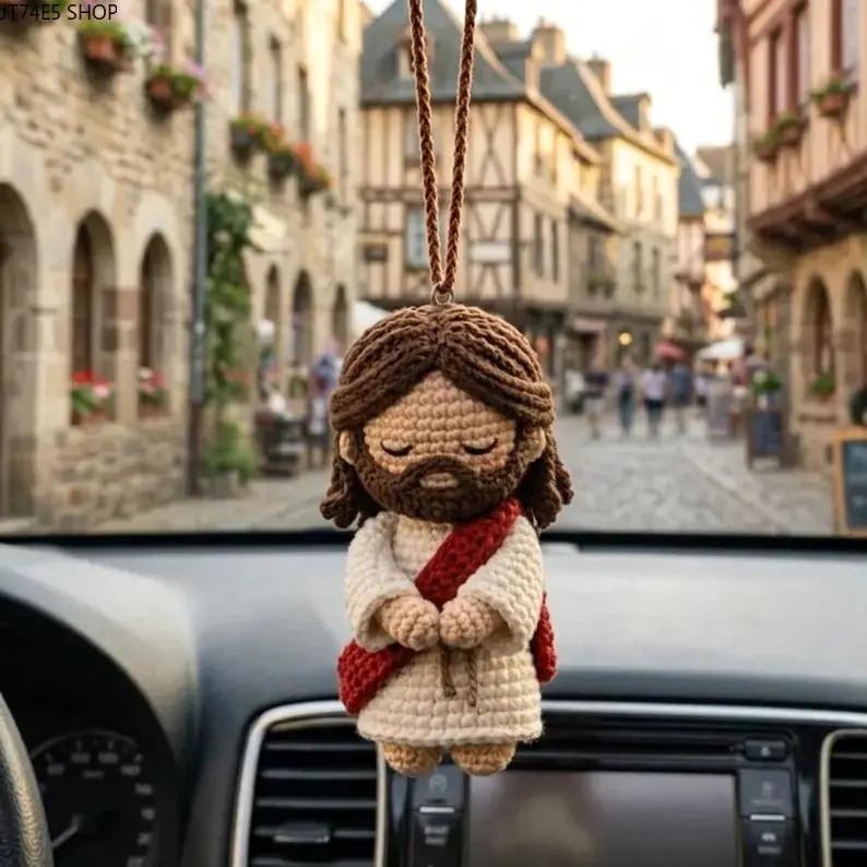 Crocheted long-haired villain car pendant Faith prayer wool doll car decoration crocheted curly-haired villain pendant