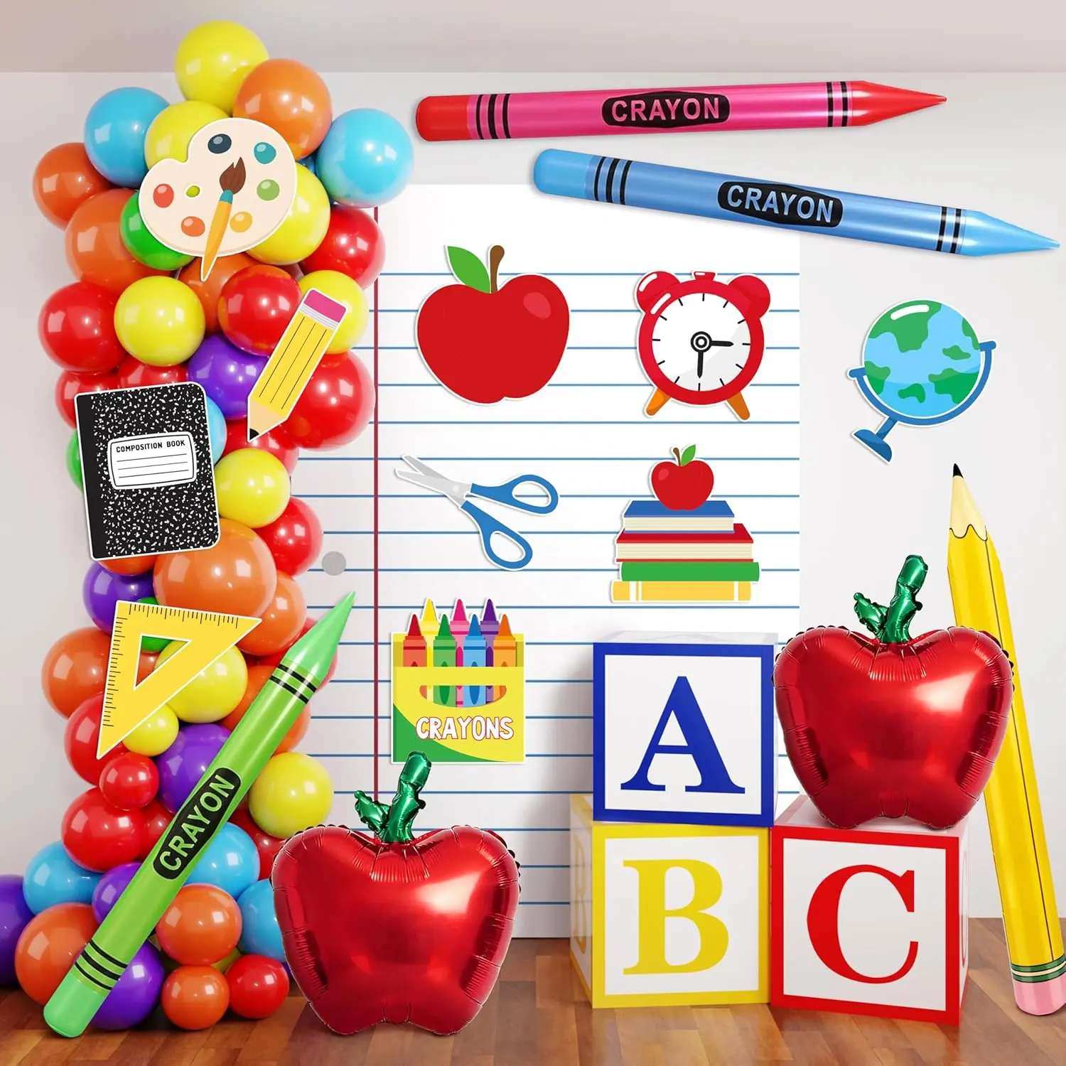 BORAMDO 20-Pc Class of 2026 Giant Size Graduation Party Decor Kit with Backdrop, Giant Inflatable Pencil Crayons, ABC Boxes Cutouts, Photo Props, Balloons - Festive Home Supplies, Large Scale