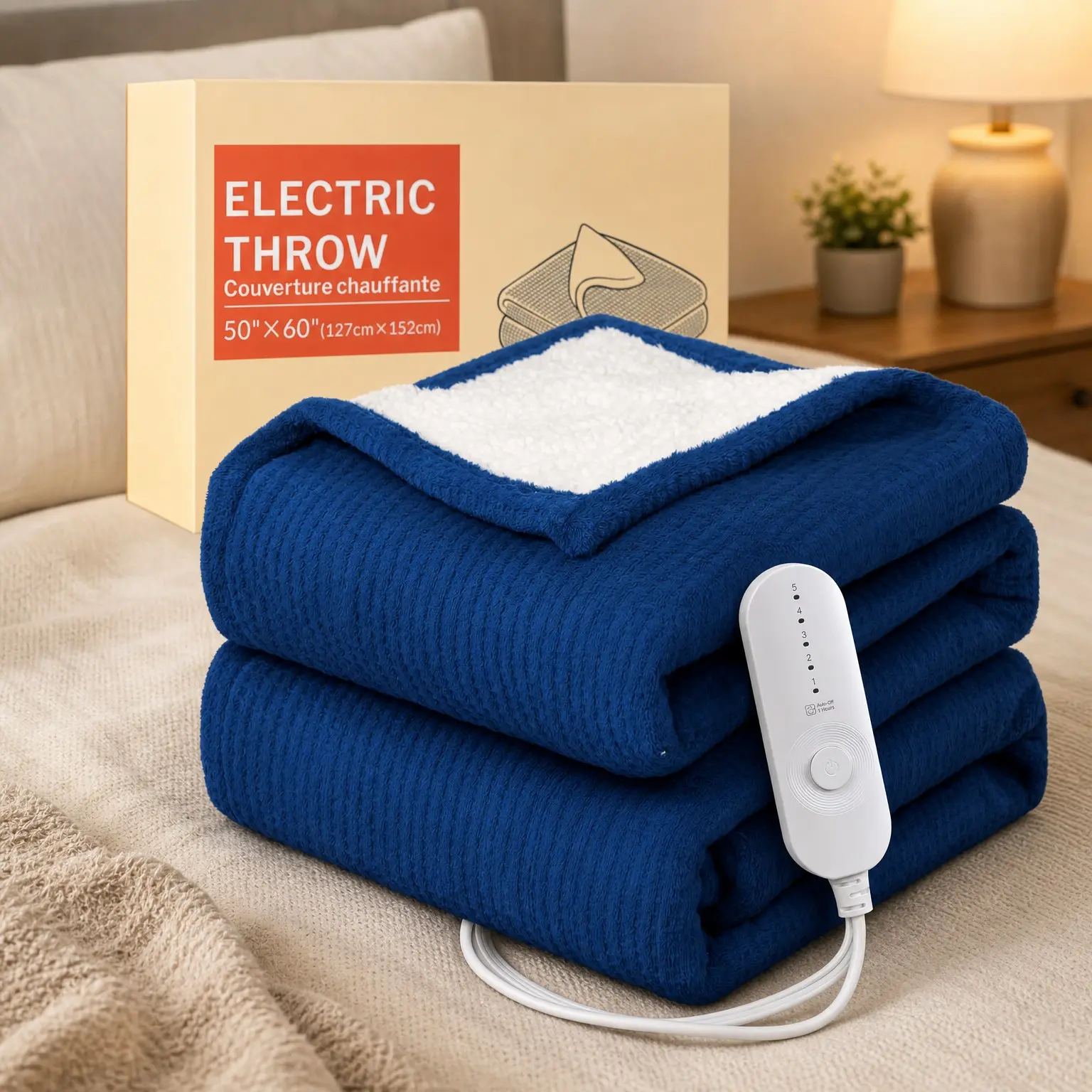 Heated Throw Blanket, 5 Heat Settings, 3-Hour Timer, Fast Heating, ETL Certified, NTC & PTC Protection, Machine Washable, Navy 50" x 60"Gift