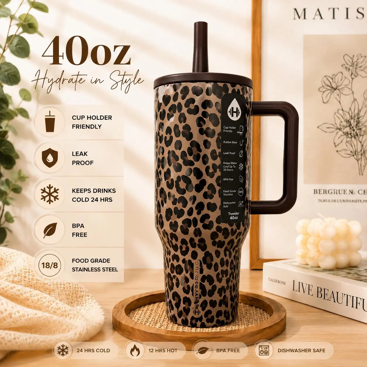 HydroJug 40oz  Stainless Steel Tumbler Classic Brown Leopard Cheetah Print Dark Chocolate Handle Lid & Straw 18/8 Food Grade Steel Leak Proof Twist Lid Keeps Cold 24 Hours Cup Holder Friendly Non-Slip Rubber Base BPA Free Large Hydration Mug For Plaid, Wa