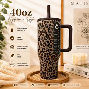 HydroJug 40oz Insulated Stainless Steel Tumbler Classic Brown Leopard Cheetah Print Dark Chocolate Handle Lid & Straw 18/8 Food Grade Steel Leak Proof Twist Lid Keeps Cold 24 Hours Cup Holder Friendly Non-Slip Rubber Base BPA Free Large Hydration Mug For