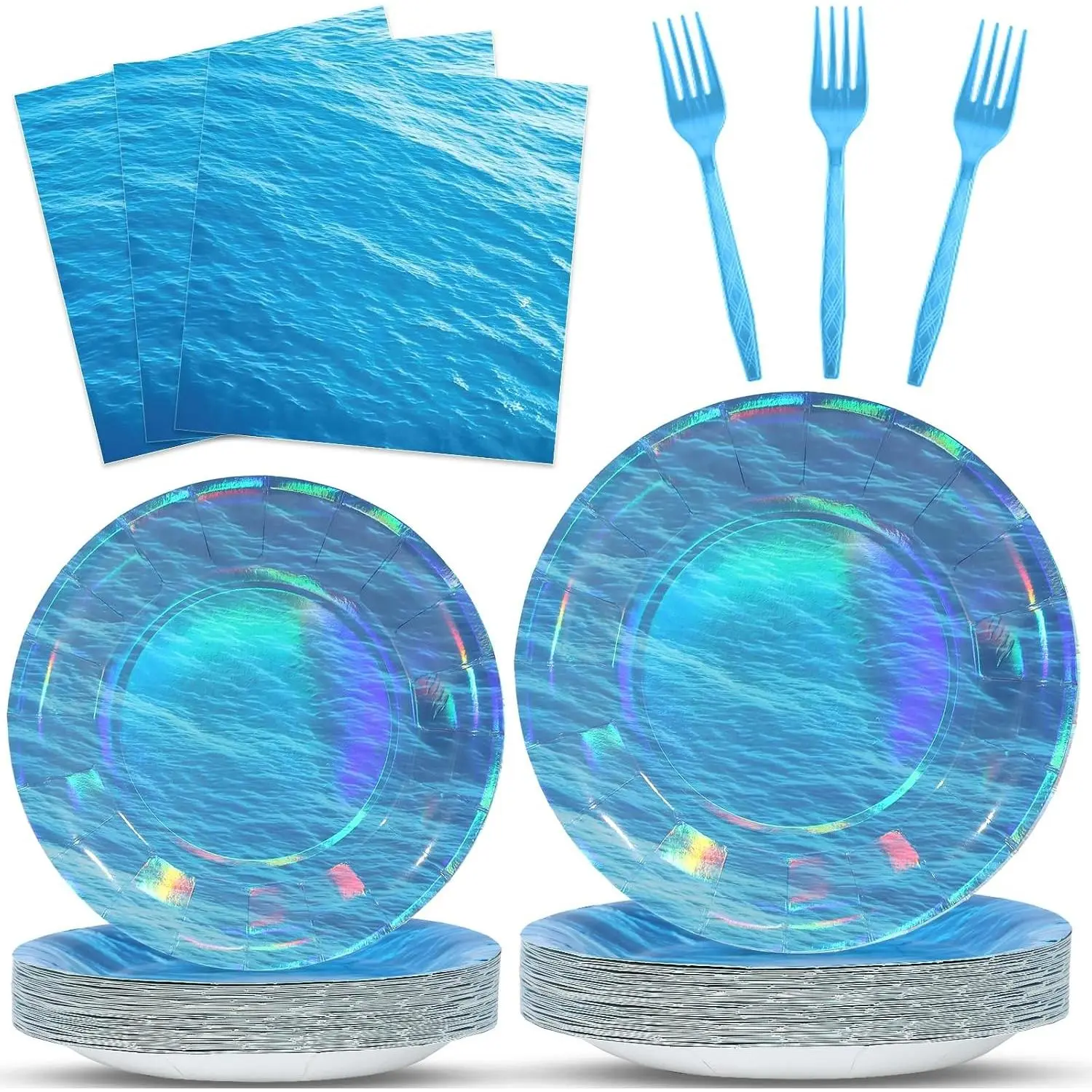 Iridescent Ocean Waves Party Plates and Napkins - 96 Pcs Blue Paper Dessert Plates Tableware Set for Under The Sea Mermaid Pool Beach Party, 24 Guests Decorations