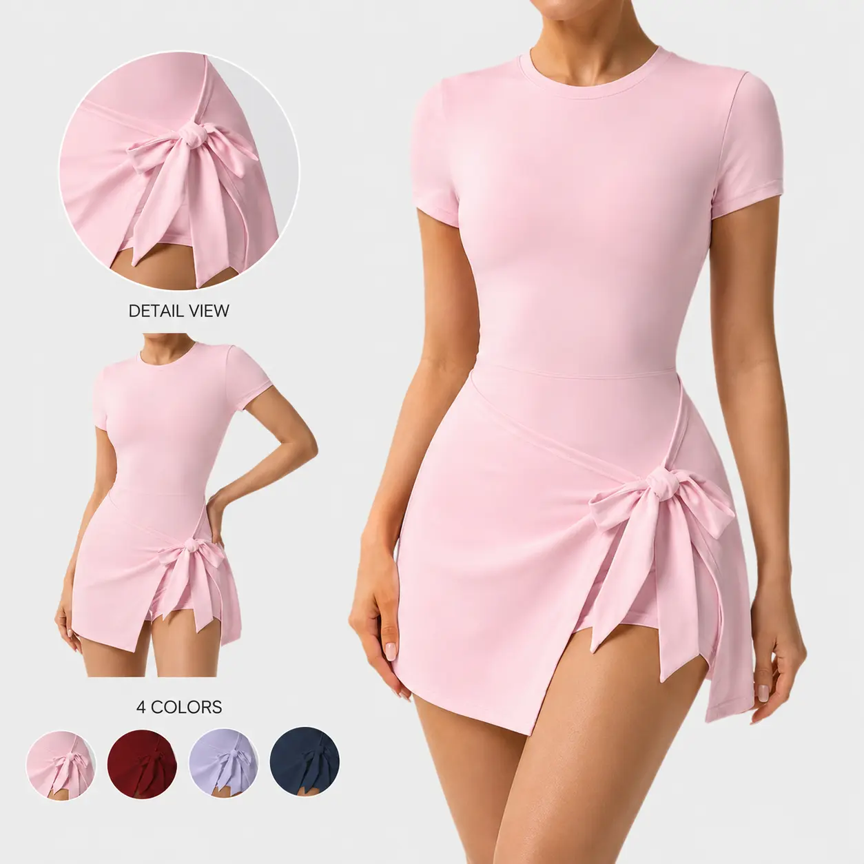 Women's Elastic Fit Sports Dress - Short Sleeved, Female-Focused, Comfortable, Bow Detail, Abdomen Control, Butt Lifting, Waist Defining, Slimming, Youthful Vibrant Design for Outdoor Yoga, Daily Activities