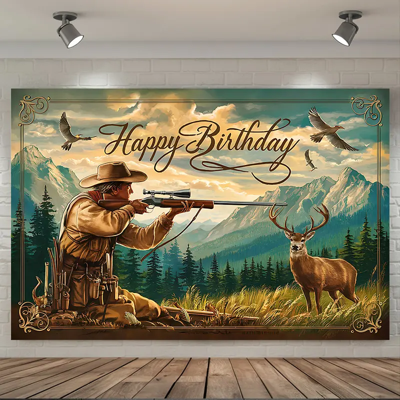 Rustic hunting-themed birthday 2D flat banner, single-sided polyester material, with metal grommets for easy hanging. A mountain landscape hunter-style photo backdrop, suitable for birthday party decoration, wall decor, and photography props.