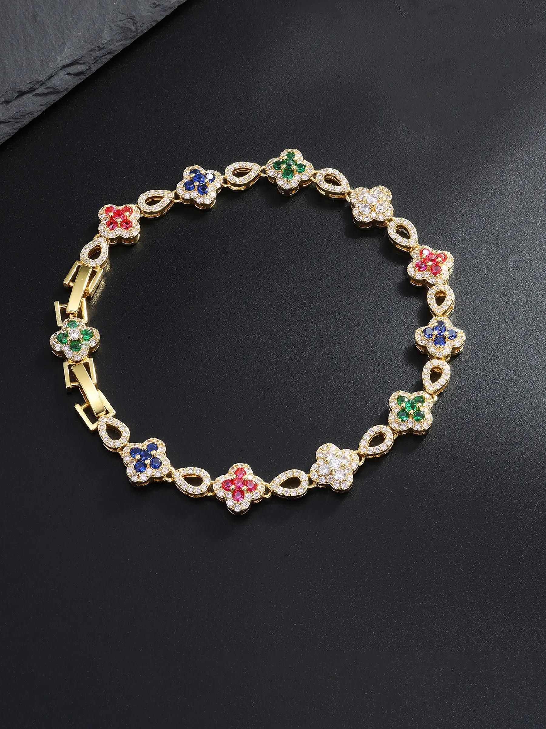Four-Leaf Clover Zircon Bracelet, Adjustable Hollow Water Drop Links, Hip Hop Street Style, Couple Design, Hand Chain, All Seasons