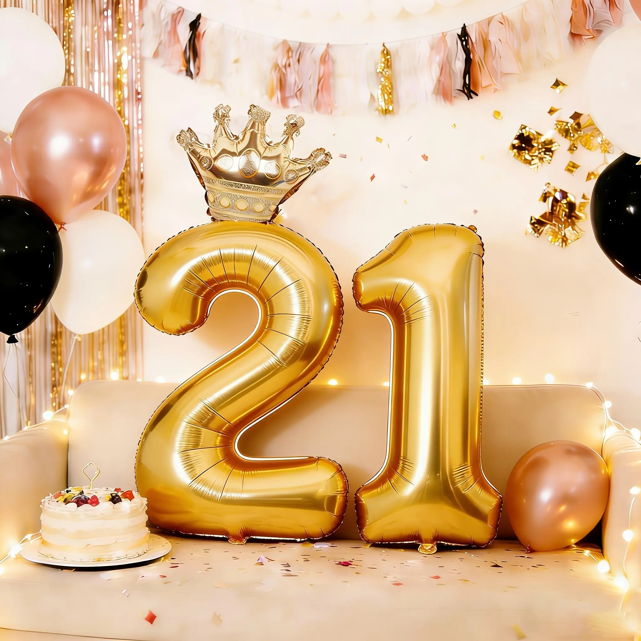 3-piece set of 32 inch gold aluminum foil balloons for 21st birthday anniversary celebration, including 1 digital 2, 1 balloon, 1 mini crown balloon, gold party decoration balloon, suitable for 21st birthday parties and anniversaries, Balloon Decorations