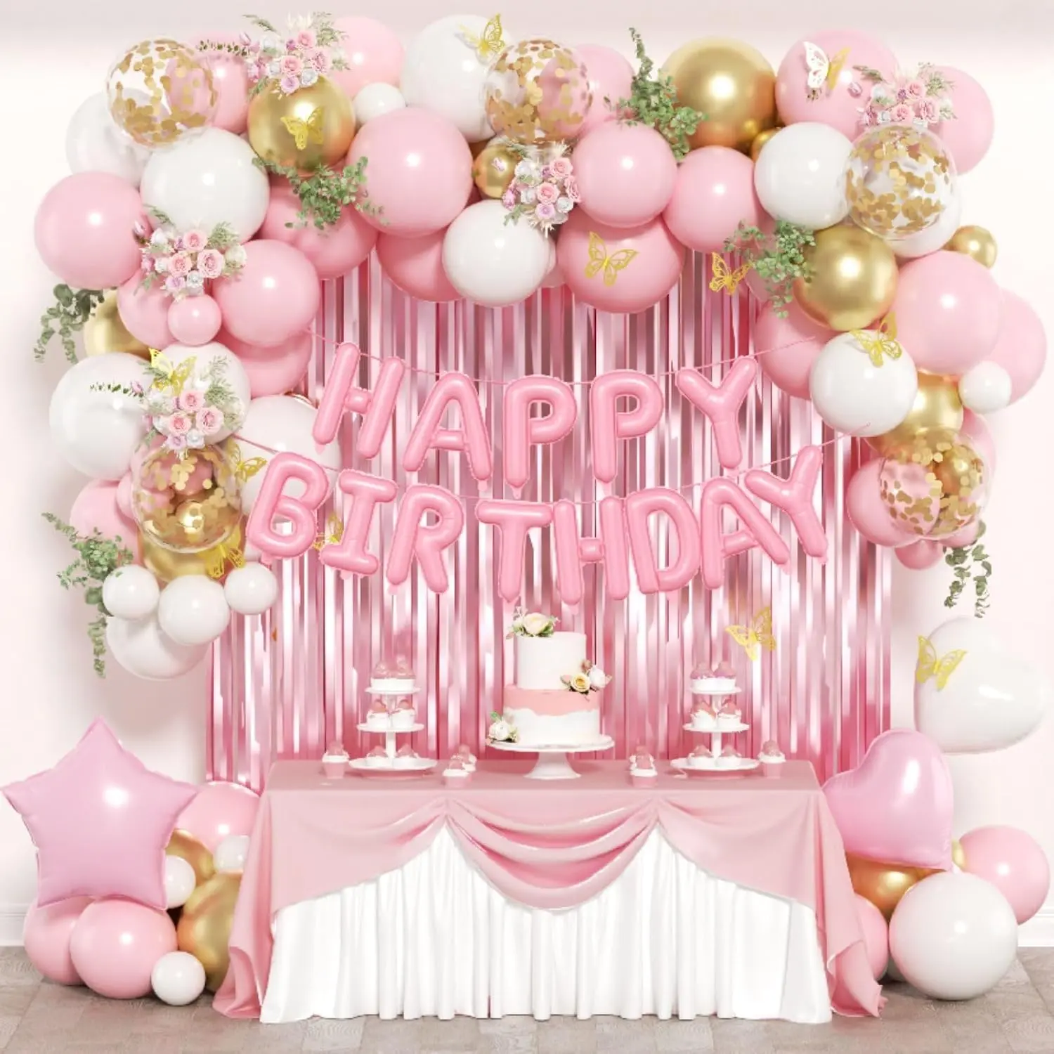 and  Birthday Party Decorations with White Metallic  Confetti Foil  Balloons Happy Birthday Banner Fringe Curtain for Birthday Decorations for Women
