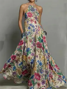 2026 Summer New Arrival Plant Floral Print Halter Dress, Shoulder-Exposed Slimming A-Line Flowy Long Dress, Trendy Chic Cross-Border Fashion