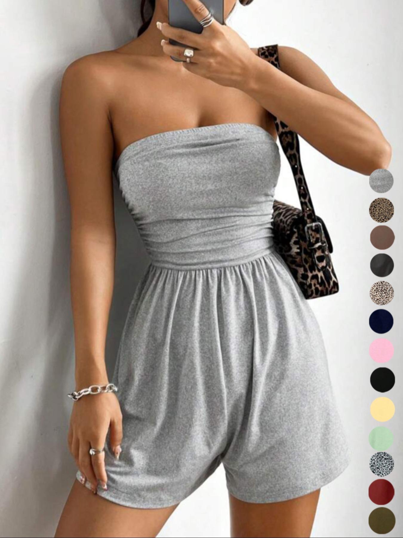 LovelyWholesale，Women's Plain Leopard Print Sleeveless Fitted Tube Romper, Casual Fashion Strapless Romper for Spring And Summer, Women's Clothes for Daily Wear