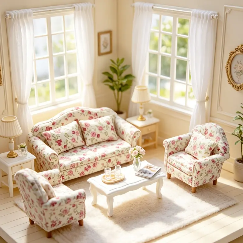 3Pcs Mini Floral Leaf Single Sofa Set 1:12 Dollhouse Furniture French Romantic Living Bedroom Decor Christmas Easter New Year Gift