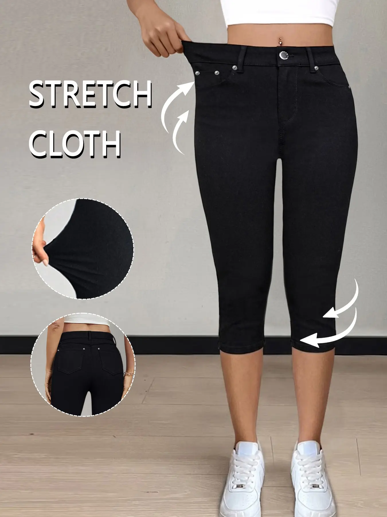 GILIPUR Black High Waist Stretch Capri Skinny Pants, Butt Lifting Slim Basic Style, Daily Versatile Casual Capri Pants TChic