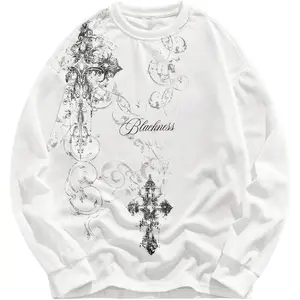 Men's Gothic Graphic Sweatshirt Waffle Knit Crewneck Cross Print Unisex Sweatshirt