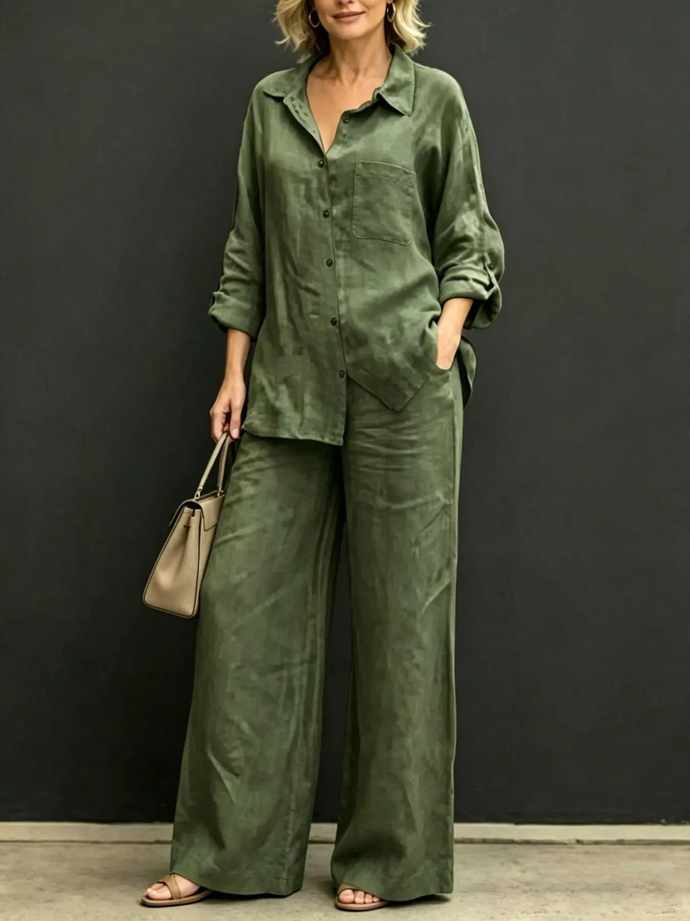 Two piece casual chic set of women's fashionable, casual, minimalist and oversized style, long sleeved shirt with a collar, straight leg pants suitable for daily commuting in all seasons, afternoon tea, outdoor camping
