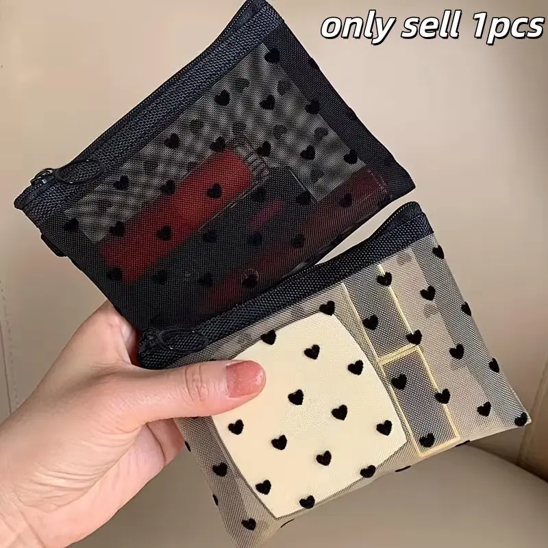 Heart-Shaped Mesh Storage Pouch, Transparent Net Material, Zipper Closure, Lightweight and Breathable, Ideal for Makeup and Travel, Cosmetic Bags, Makeup Organizer Pouch, Cosmetics Bag