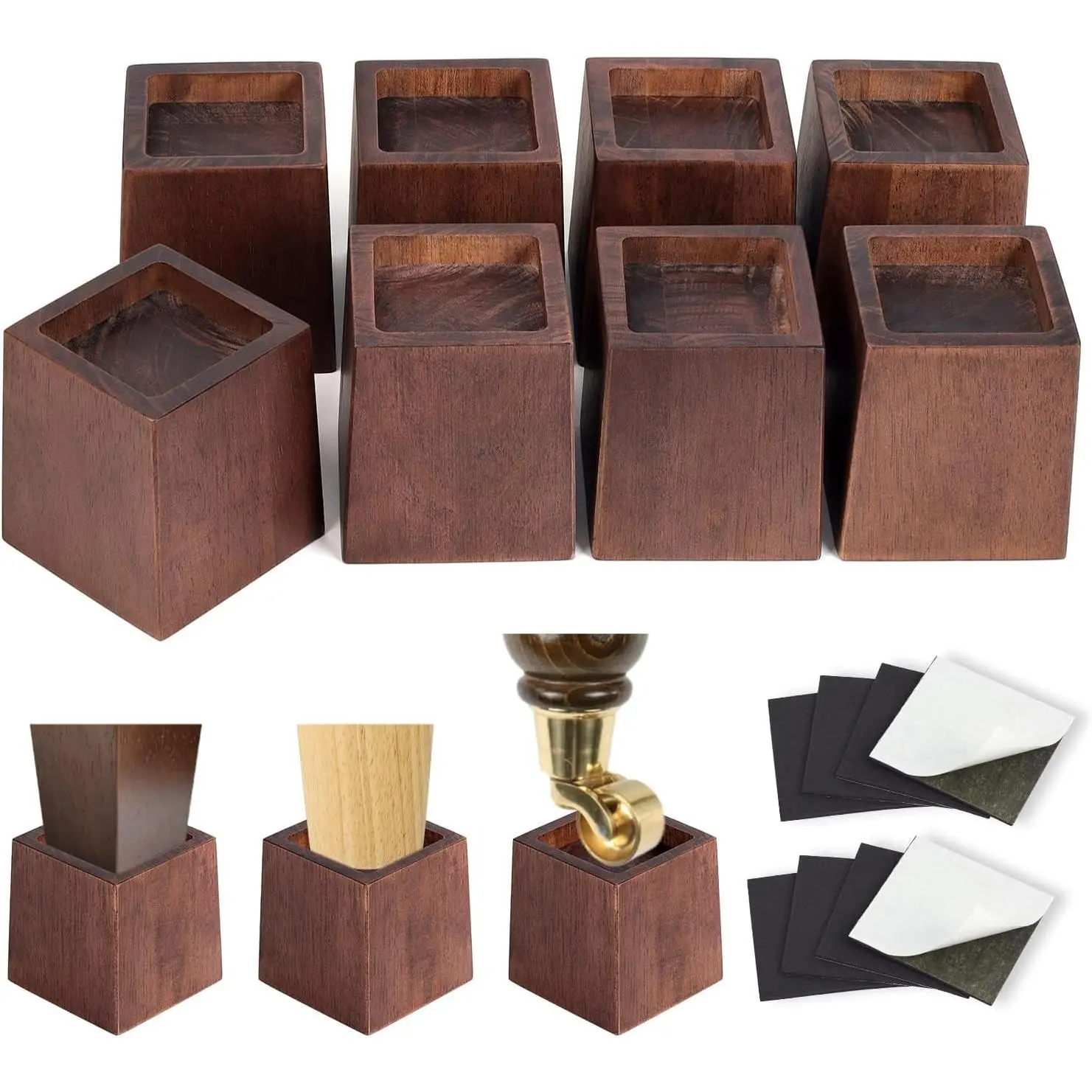 8-Pack Heavy Duty Wooden Bed Risers, 3-in Square Shape, 2200lbs Capacity Extenders for Bed & Sofa, Non-Slip Recessed Hole Furniture Lifts for Storage, Retro Brown