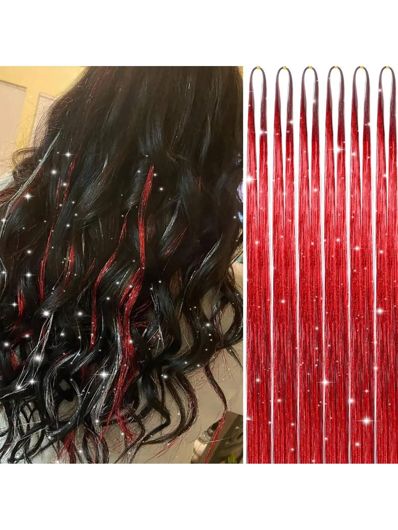 6-piece pack of heat-resistant, shimmering synthetic hair extensions with metallic glitter, available in blue, green, silver, and gold. Suitable for women and girls, perfect for Christmas, cosplay, and party looks.