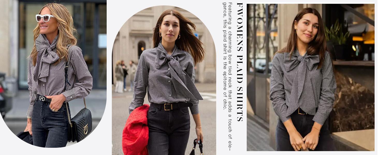 Imily Bela Womens Plaid Shirts Bow Tied Neck Button Down Long Sleeve Casual Dressy Blouse Tops Womenswear Chic Imily Bela Womens Plaid Shirts Bow Tied Neck Button Down Long Sleeve Casual Dressy Blouse Tops Womenswear Chic